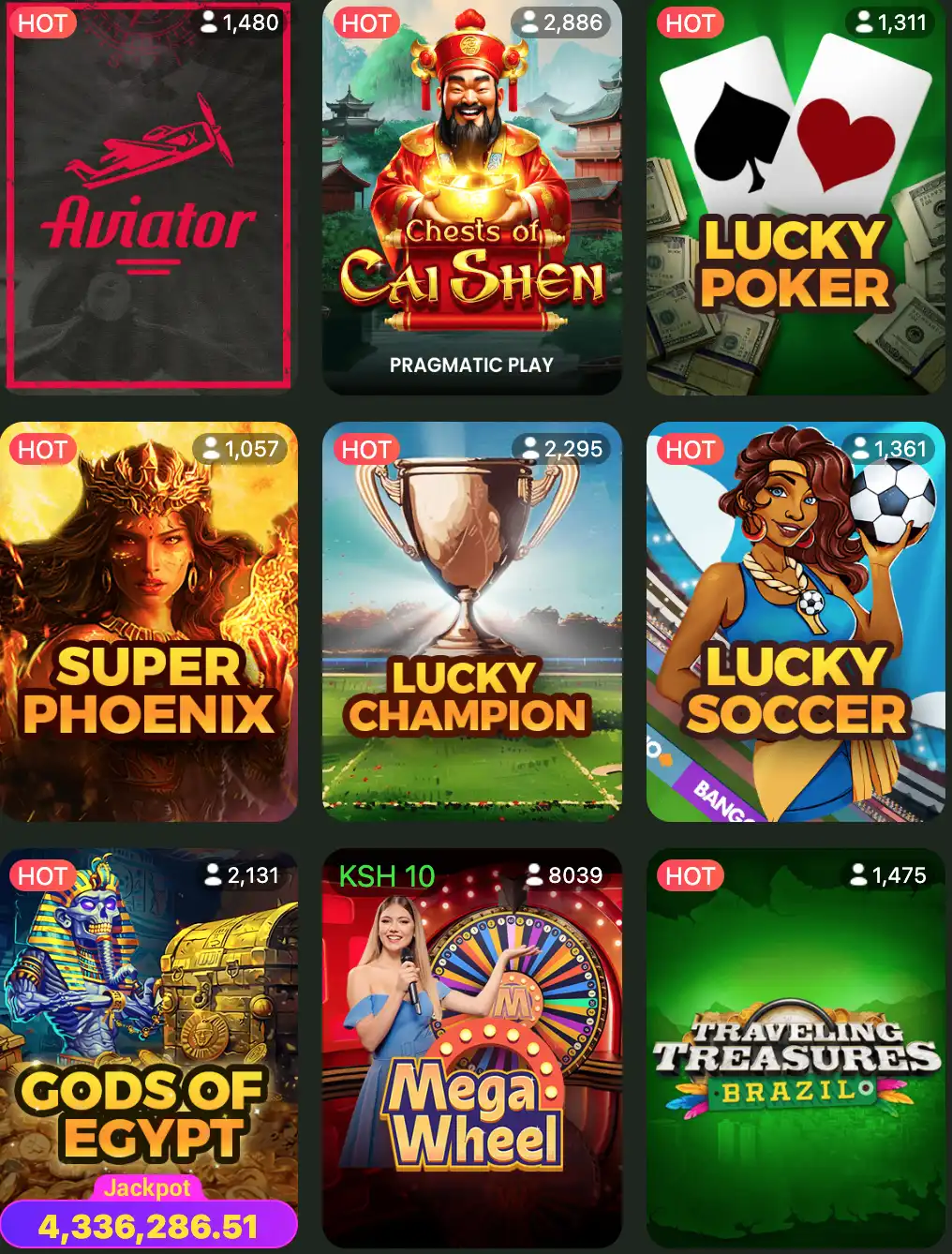 Main section of Bangbet Kenya online casino games