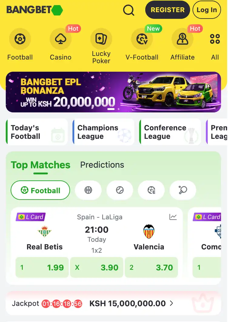 Bangbet Kenya main homepage view on mobile app
